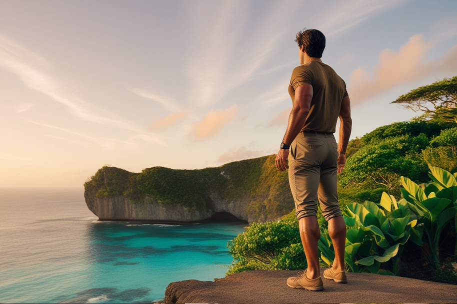 Man standing on a cliff overlooking a serene turquoise ocean and lush greenery during a solo travel adventure at sunset.