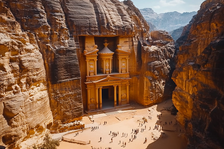 Aerial view of Petra's iconic Al-Khazneh, or 'The Treasury,' carved into rose-red sandstone cliffs in Jordan. This UNESCO World Heritage site showcases the ancient Nabatean architecture and attracts visitors for its historical significance and breathtaking desert landscape.