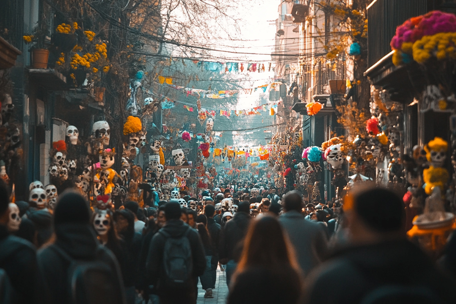 Colorful and vibrant Day of the Dead celebration in a bustling street, adorned with traditional sugar skull decorations, marigold flowers, and festive banners, drawing a large crowd of people immersed in the rich cultural atmosphere.