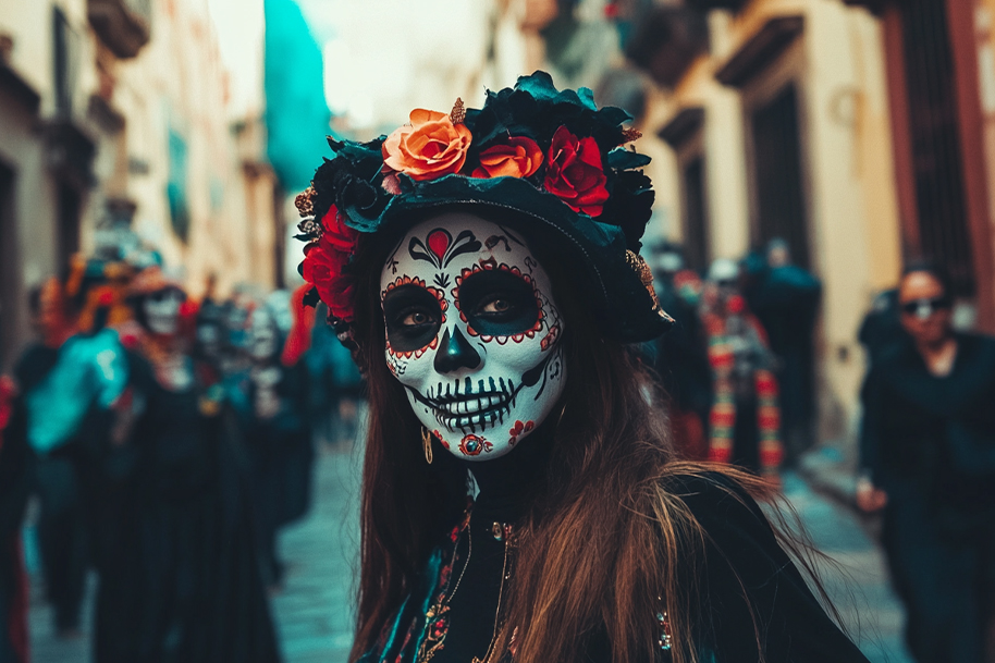 Close-up portrait of a woman in stunning Day of the Dead makeup, adorned with an ornate hat decorated with vibrant red and orange flowers, set against a lively background of a festive street parade, emphasizing the intricate beauty and cultural significance of the celebration.