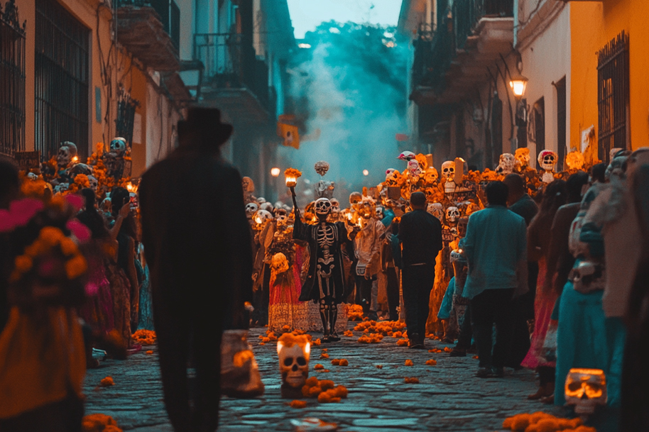Nighttime Day of the Dead parade featuring people dressed in skeleton costumes and traditional attire, surrounded by glowing lanterns, marigold petals, and festive skull decorations, creating a mystical and enchanting atmosphere in the cobblestone street.