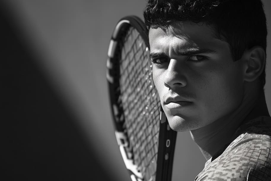 Monochrome portrait of a rising star Carlos Alcaraz holding a racket, epitomizing determination and athletic spirit—perfect for EternalSlots.com blog on sportsmanship and achieving excellence.