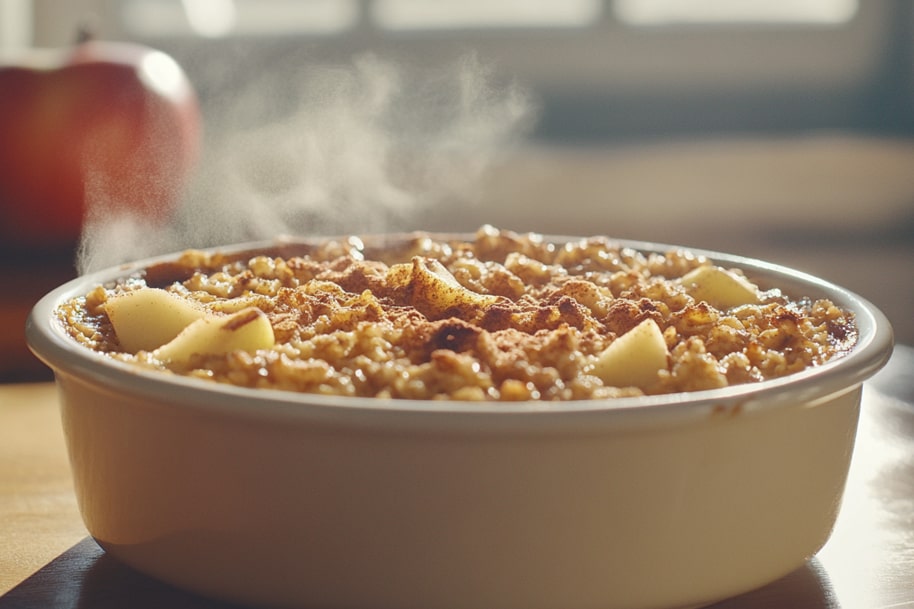 A steaming dish of apple cinnamon baked oatmeal with golden, crispy edges, topped with tender apple slices and a dusting of cinnamon. A cozy and comforting breakfast option perfect for chilly mornings.