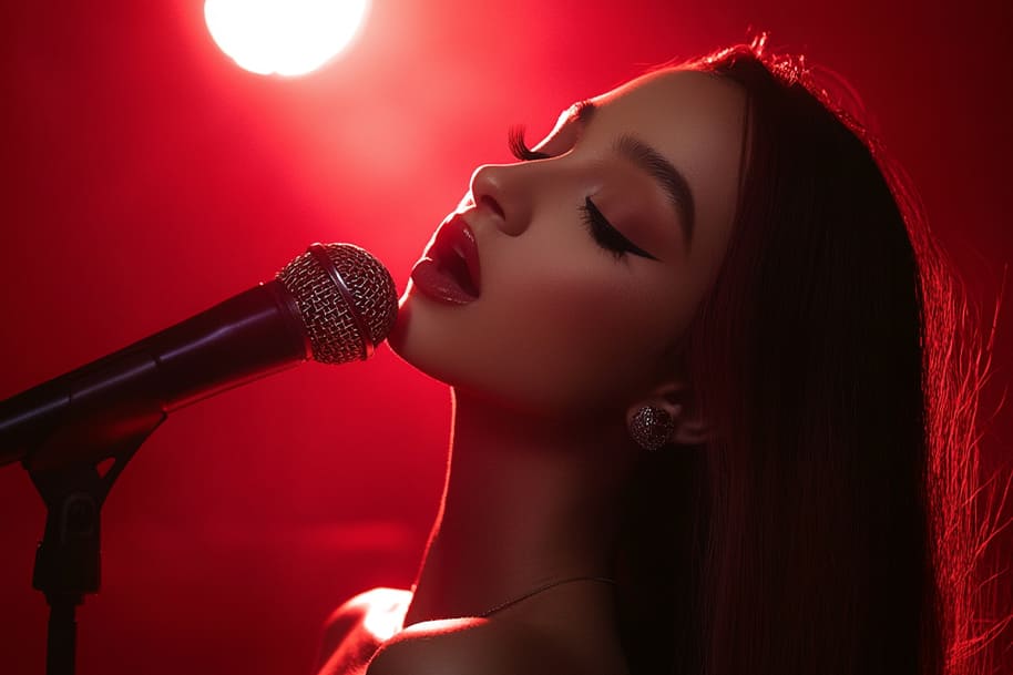 Elegant portrait of a woman singing into a microphone, illuminated by dramatic red lighting. Her sleek hair, flawless makeup, and captivating pose exude glamour and passion, capturing the essence of a powerful performance. This mesmerizing image could perfectly accompany one of the top songs of 2024, embodying the energy and sophistication of the year's standout music.