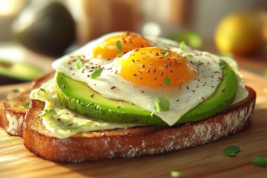 Delicious avocado toast topped with perfectly cooked sunny-side-up eggs, sprinkled with herbs and black pepper, on a rustic wooden surface. A healthy and satisfying breakfast option.