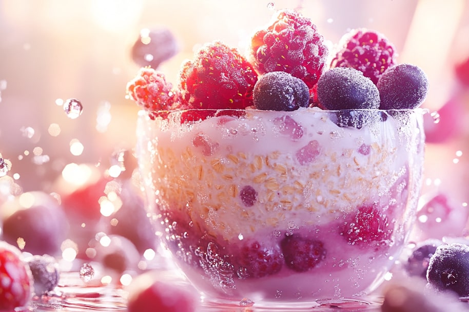 A refreshing glass of overnight oats mixed with creamy yogurt and topped with frozen raspberries and blueberries, with water droplets adding a vibrant, fresh look. A perfect breakfast to kickstart your morning.
