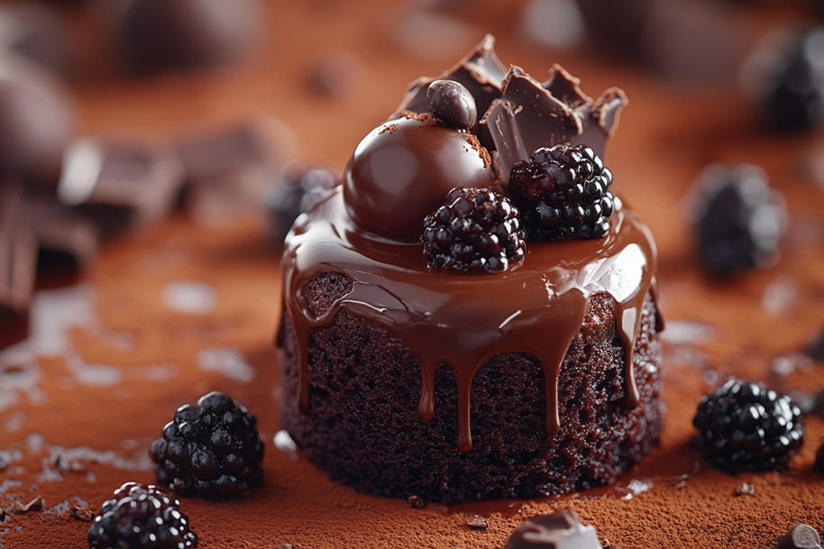 Decadent chocolate dessert topped with blackberries, chocolate shards, and a glossy chocolate glaze, perfect for chocolate lovers seeking rich and indulgent treats, as featured in the dessert recipe blog on eternalslots.com.