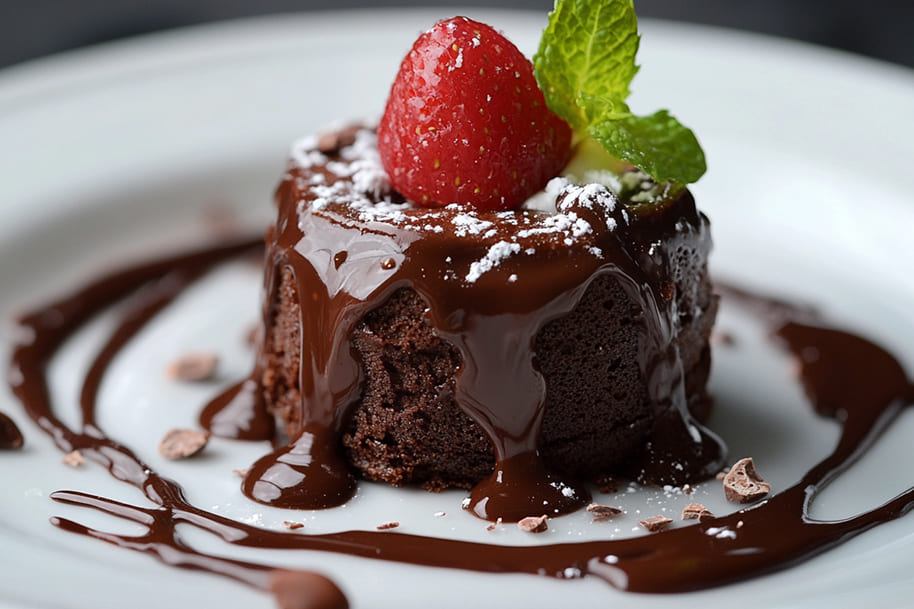Molten chocolate lava cake topped with a fresh strawberry and mint leaf, drizzled with rich chocolate sauce, a perfect dessert for chocolate lovers, as featured in the dessert recipe blog on eternalslots.com.