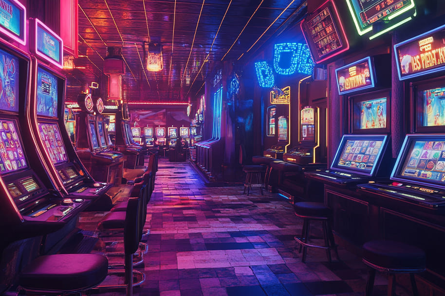 Modern casino interior featuring rows of brightly lit slot machines with neon signs and colorful displays, creating an exciting and immersive gaming environment. This image is ideal for showcasing the allure of casinos and the seamless integration of cryptocurrency for a safe and secure gaming experience.