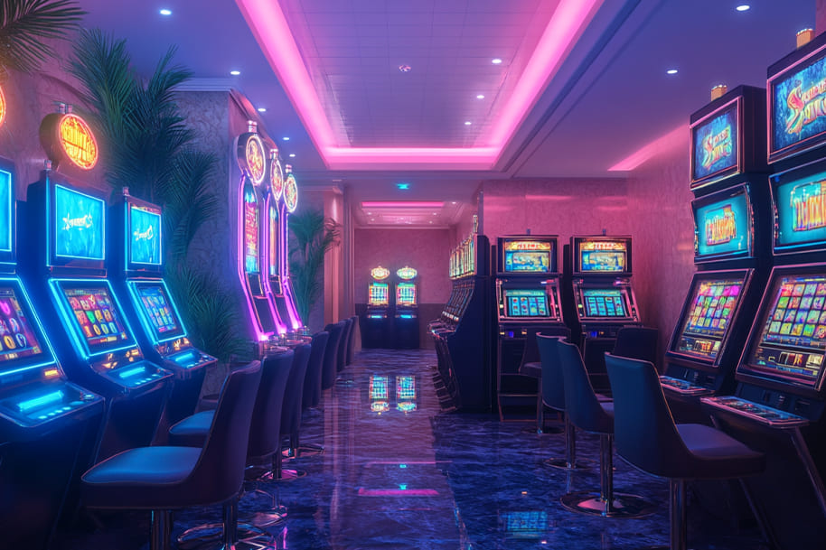 Luxurious casino hallway lined with sleek slot machines illuminated by vibrant neon lights and a modern ambiance. The polished marble flooring and stylish decor create a sophisticated gaming environment, ideal for discussing the integration of safe cryptocurrency practices in online casino gaming.