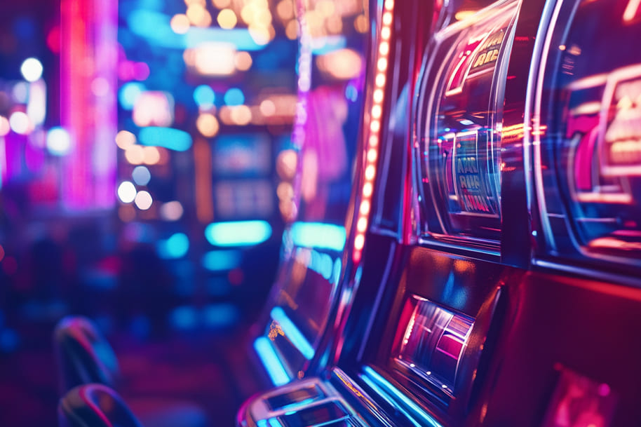 Vibrant casino scene featuring a close-up of illuminated slot machines, surrounded by neon lights and colorful reflections in a lively gaming atmosphere. This dynamic image perfectly captures the excitement of online casino gaming, ideal for discussing the integration of cryptocurrencies and safe gaming practices.