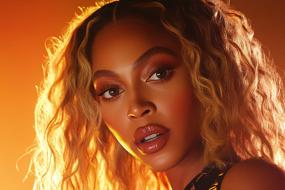 Close-up portrait of a glamorous woman with radiant, glowing skin and wavy blonde hair illuminated by warm golden lighting. Her captivating expression and bold makeup highlight her confidence and elegance, embodying modern beauty and sophistication.