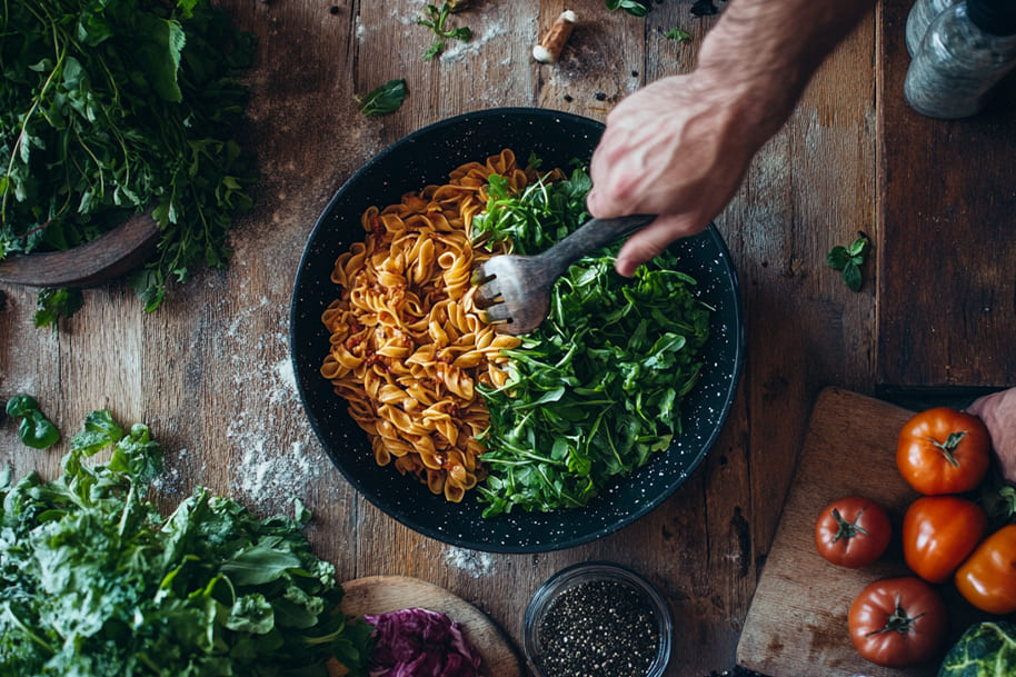 Preparing a fresh vegetarian pasta dish with arugula and tomatoes, highlighting wholesome ingredients – featured on the online casino blog at eternalslots.com.