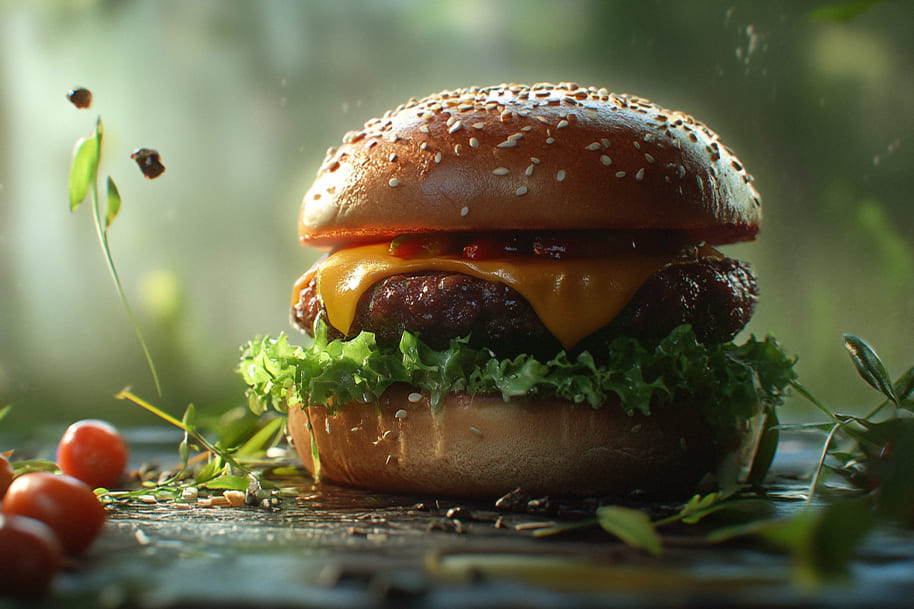 Close-up of a gourmet vegan burger with a sesame bun, plant-based patty, melted vegan cheese, and fresh lettuce, perfect for plant-based dining enthusiasts – featured on the online casino blog at eternalslots.com.