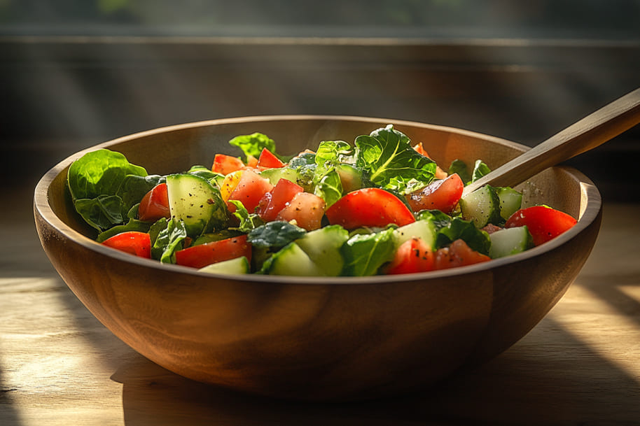 Fresh garden salad with tomatoes, cucumbers, and leafy greens in a wooden bowl, capturing healthy plant-based dining options for the online casino blog at eternalslots.com.