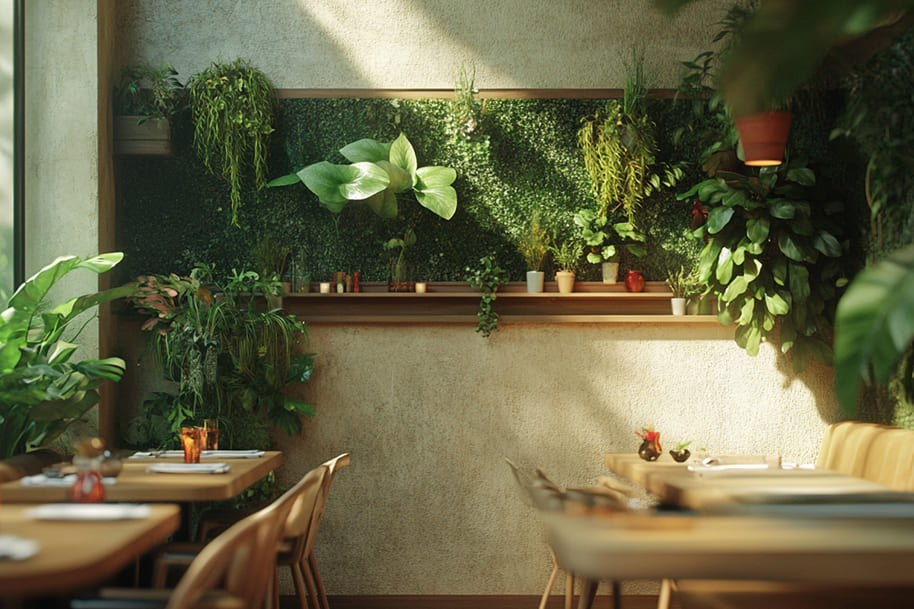 Bright, cozy plant-filled restaurant interior with natural lighting, featuring a wall decorated with lush greenery and potted plants. The image reflects a serene atmosphere perfect for vegan and vegetarian dining, highlighting the beauty of plant-based restaurant design.