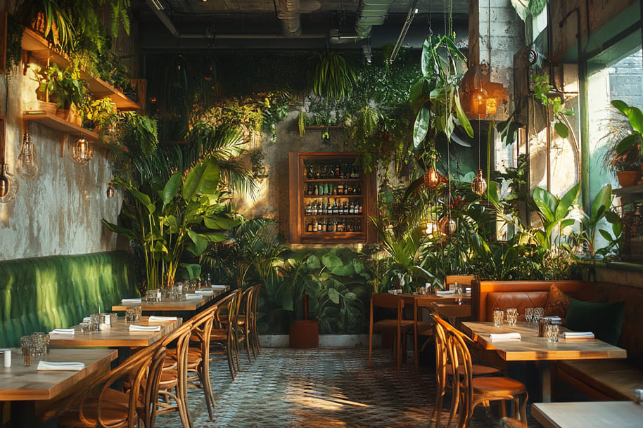 Plant-based, green-themed restaurant interior with lush plants, wooden furniture, and warm ambient lighting, creating a tranquil dining atmosphere – ideal for online casino blog inspiration at eternalslots.com.