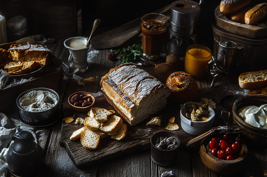 Rustic breakfast spread featuring freshly baked bread dusted with flour, surrounded by sliced baguettes, jars of honey and jam, fresh cream, pickles, and bowls of cherries and almonds. The warm, vintage setting emphasizes artisanal baking and cozy dining.