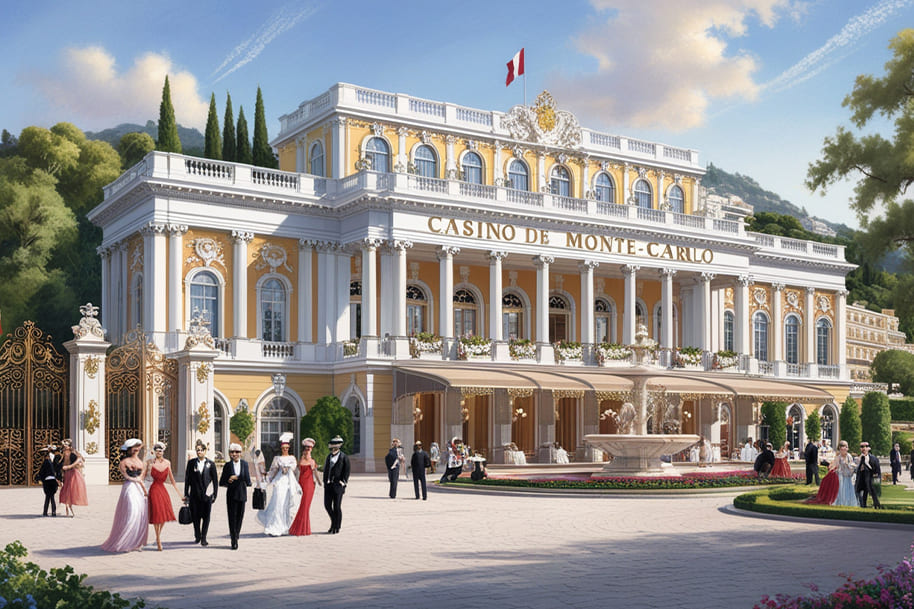 The grand facade of the Casino de Monte-Carlo in Monaco, exuding opulence and elegance. The classic architectural style features intricate gold accents, arched windows, and a grand entrance framed by lush greenery. In the foreground, elegantly dressed guests, in tuxedos and gowns, stroll the courtyard, adding to the atmosphere of sophistication. A beautiful fountain and well-manicured gardens complete the luxurious setting under a clear, sunny sky.