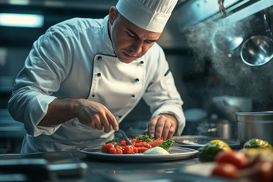 Professional chef meticulously plating a gourmet dish with fresh vegetables in a high-end restaurant kitchen. The chef's focused expression and attention to detail highlight the art and skill involved in fine dining, creating a visually appealing culinary masterpiece.