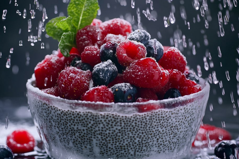 A bowl of chia seed pudding topped with vibrant, fresh raspberries and blueberries, dusted with powdered sugar and garnished with a mint leaf. Water droplets create a refreshing and lively effect, perfect for a healthy and photogenic breakfast.