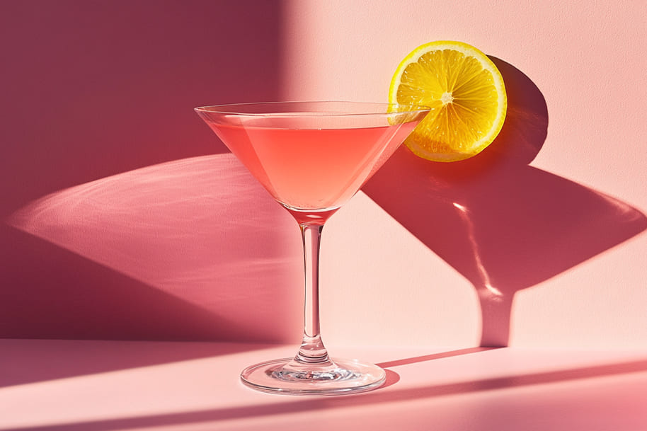 Elegant cosmopolitan cocktail served in a martini glass, featuring a vibrant pink hue and garnished with a fresh lemon slice, set against a stylish pink backdrop with dramatic lighting. This chic and modern image perfectly highlights a timeless classic for sophisticated occasions.