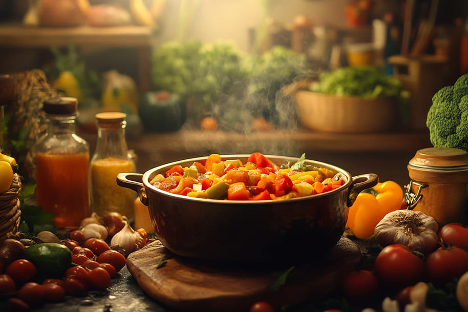 Steaming pot of freshly cooked vegetable stew with vibrant bell peppers, tomatoes, and other seasonal produce, surrounded by fresh ingredients and rustic kitchen decor. The warm and inviting setting highlights healthy and hearty vegan comfort food.