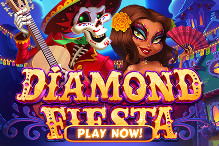 Diamond Fiesta slot game featuring a festive Day of the Dead theme with colorful characters, including a skeleton guitarist and a vibrant senorita, alongside a 'Play Now' button. Visit the Eternal Slots blog for insights into festive-themed slots like Diamond Fiesta, offering engaging gameplay and exciting bonuses.