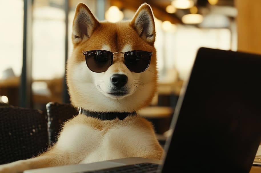 Shiba Inu dog wearing sunglasses while sitting in front of a laptop, symbolizing the playful and tech-savvy spirit of Dogecoin in the digital world. The image captures the fun and innovative essence of cryptocurrency, highlighting Dogecoin's growing presence in online casinos.