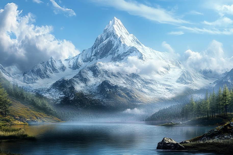 Majestic snow-covered mountain peak reflected in a calm lake under a clear sky, surrounded by lush forests. Eternal Slots blog explores breathtaking landscapes and the allure of nature's beauty, drawing parallels with the thrill and serenity found in immersive gaming experiences.