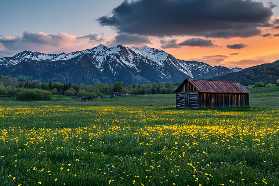 Rustic wooden cabin in a vast field of yellow wildflowers, set against a backdrop of snow-capped mountains at sunset. Eternal Slots blog explores serene landscapes and moments of tranquility, connecting the peacefulness of nature with the excitement of online gaming adventures.