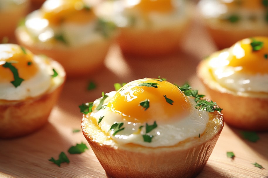 Tasty baked egg muffins with golden yolks and fluffy whites, garnished with freshly chopped parsley. A convenient and protein-packed breakfast perfect for on-the-go mornings.