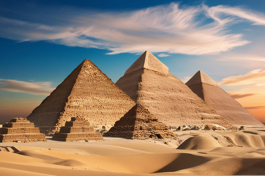 Iconic view of the Pyramids of Giza in Egypt, standing majestically in the desert under a vibrant sky. This UNESCO World Heritage site is one of the Seven Wonders of the Ancient World, symbolizing the grandeur and architectural mastery of ancient Egyptian civilization.
