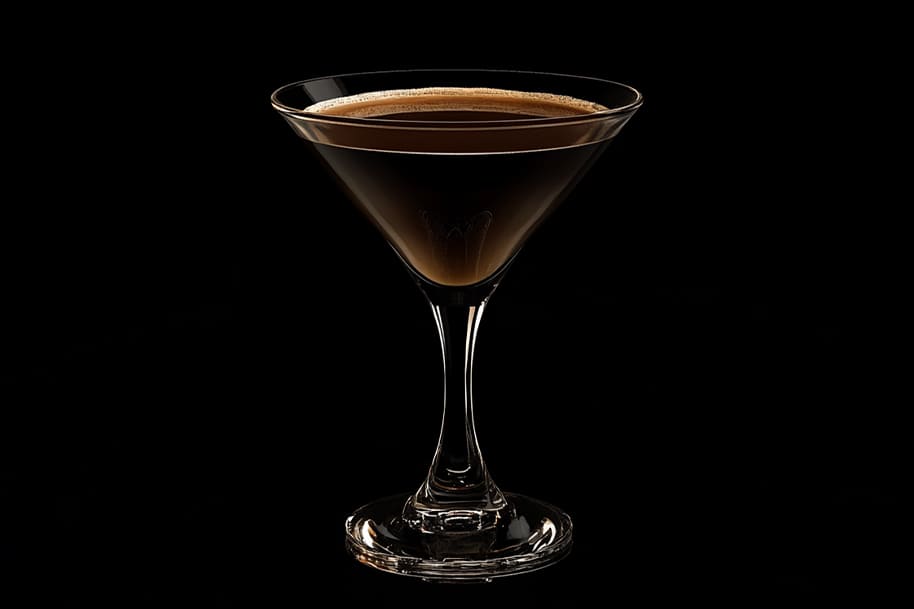 Elegant espresso martini served in a sleek cocktail glass, showcasing its rich, dark coffee hue against a dramatic black background. This sophisticated drink embodies the perfect blend of bold espresso and smooth liqueur, ideal for highlighting luxurious cocktail options.