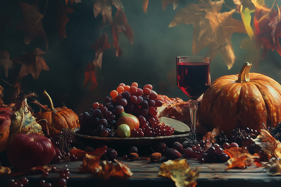 Autumn-inspired still life featuring a rustic table adorned with a platter of grapes, apples, and seasonal fruits, alongside a glass of red wine and pumpkins. Surrounded by fallen leaves and warm tones, the scene evokes the essence of fall and harvest celebrations.