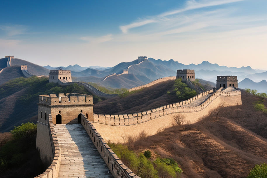 Panoramic view of the Great Wall of China stretching across the mountainous landscape, showcasing the ancient fortification's winding structure and watchtowers. This UNESCO World Heritage site is a symbol of China's historical resilience and architectural achievement.