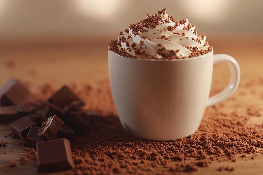 Delicious hot chocolate topped with whipped cream and sprinkled with chocolate shavings, placed in a white mug. The drink is surrounded by pieces of chocolate and cocoa powder, perfect for a cozy treat.