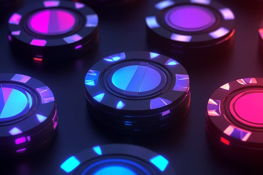 Colorful digital poker chips with neon lighting effects, representing the modernization and technological advancements in gaming through blockchain, as featured in the blockchain and gaming blog on eternalslots.com.