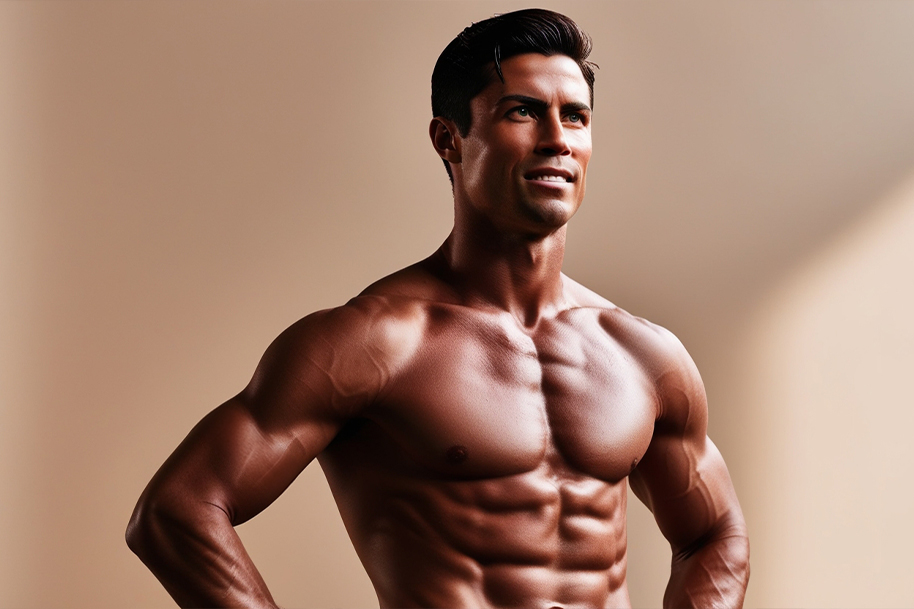 Image of Cristiano Ronaldo showing off his well-defined, muscular physique with a confident expression. The football icon’s athletic build and dedication to fitness are evident, highlighting his extraordinary commitment to staying in peak physical condition.