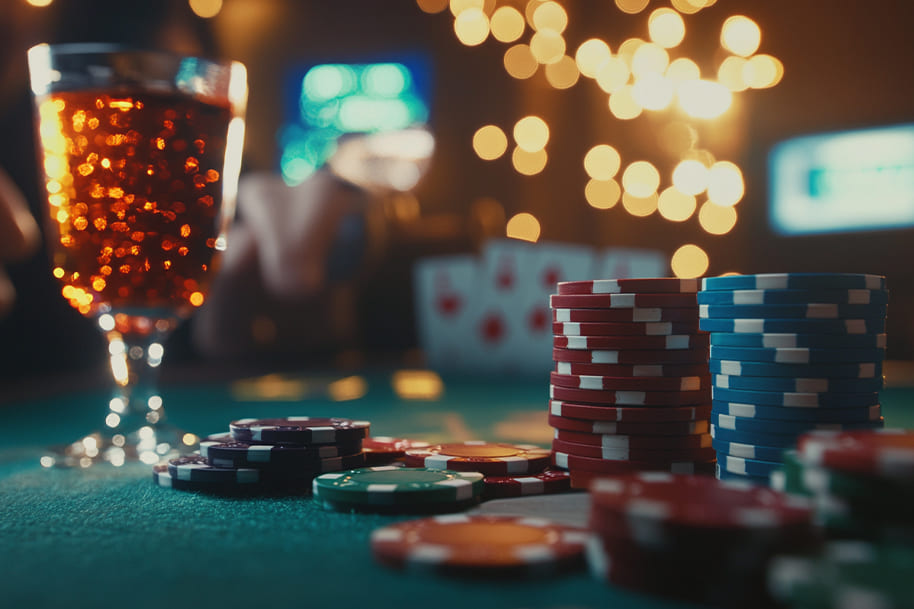 Casino chips stacked on a gaming table with a glass of sparkling drink and blurred background lights, evoking the excitement of a night at the casino. Explore the Eternal Slots blog for tips on responsible gambling, casino strategies, and enhancing your gaming experience.