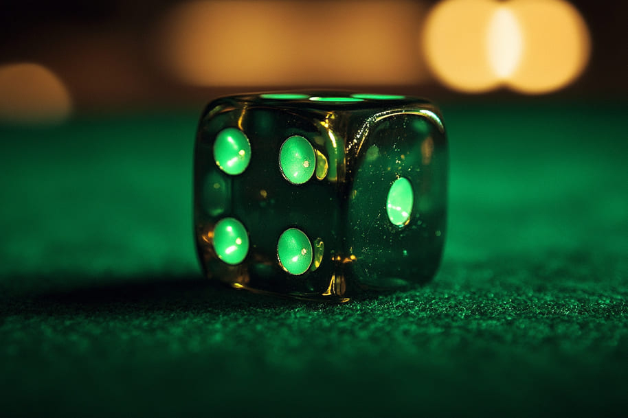 Close-up of a glowing green dice on a casino table, symbolizing the thrill of responsible gambling and chance. Visit the Eternal Slots blog for insights into responsible gambling tips, strategies, and tools for smart and enjoyable gaming experiences.