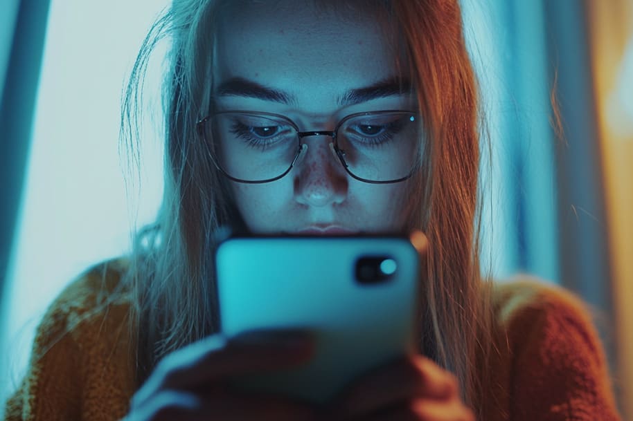 Young woman intently looking at her smartphone screen, symbolizing the impact of social media on mental health and the importance of managing screen time. The image reflects themes of digital consumption and awareness of mental well-being.
