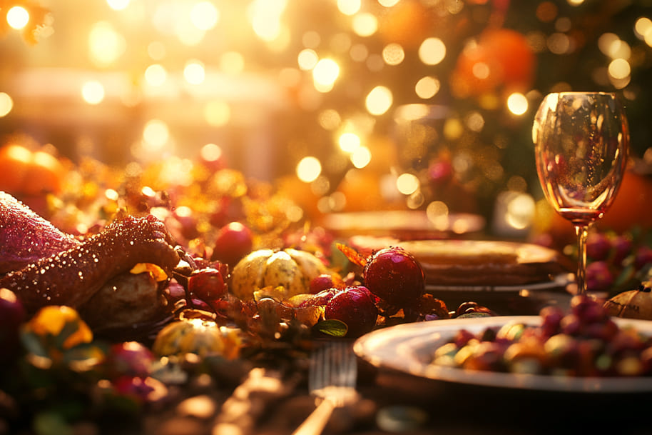 Elegant Thanksgiving dinner table adorned with roasted turkey, vibrant autumn fruits, gourds, and fine glassware, bathed in warm golden light. This festive image sets the perfect mood for celebrating Thanksgiving while enjoying special holiday promotions at Eternal Slots, an online casino with exciting offers.