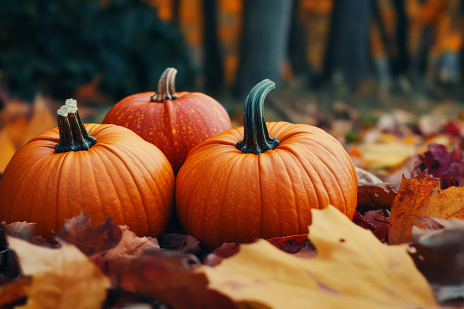 Close-up of three vibrant orange pumpkins surrounded by colorful autumn leaves, set against a forest backdrop. This festive image celebrates the Thanksgiving season, ideal for highlighting special holiday promotions and bonuses at Eternal Slots, the online casino for an enhanced gaming experience.