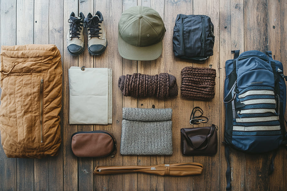 Minimalist travel essentials neatly arranged on a wooden floor, showcasing efficient packing tips for lightweight travel, as featured in the travel blog on eternalslots.com.