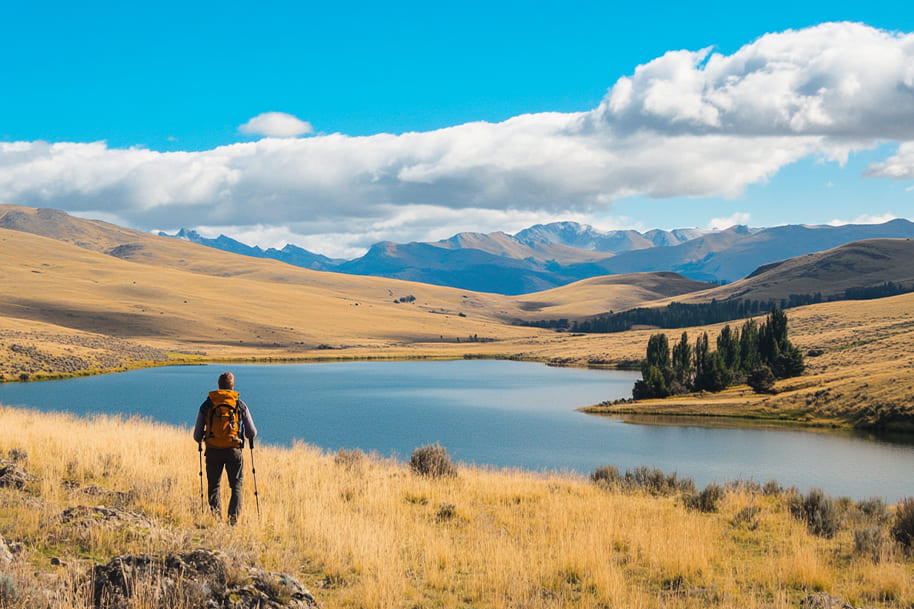Hiker with a backpack standing near a serene lake in a vast, open landscape, capturing the essence of minimalist travel and exploration, as highlighted in the travel blog on eternalslots.com.