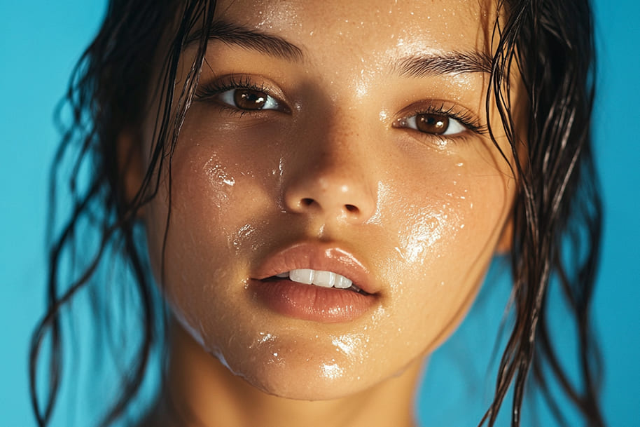 Close-up of a woman with glowing, dewy skin, captured in a natural and fresh look. Her brown eyes and soft smile contrast beautifully with her wet hair, set against a vibrant blue background, exuding a youthful and radiant appearance.