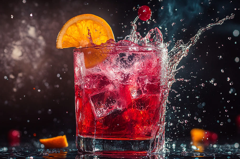 Vibrant cocktail with ice cubes, garnished with a slice of orange and a cherry, splashing in a glass. The drink's refreshing appeal is highlighted against a dark backdrop, perfect for a celebration or a casual non-alcoholic drink.