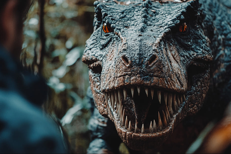 Close-up of a roaring dinosaur with sharp teeth and intense orange eyes in a dense jungle setting. The lifelike detail and dramatic scene evoke the thrill and suspense of dinosaur-themed adventures and blockbuster movies.