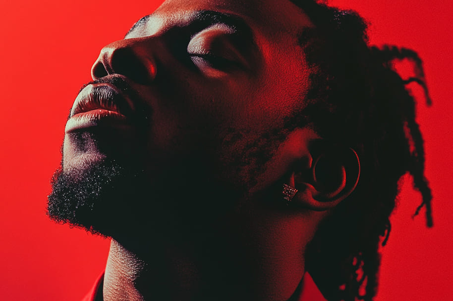 Artistic portrait of a man with closed eyes, illuminated by bold red lighting, creating a powerful and introspective mood. The textured lighting highlights his features and evokes emotion, blending modern art with raw expression. This striking imagery could easily serve as the cover art for one of the top songs of 2024, reflecting the raw emotion and creativity that define the year's music scene.